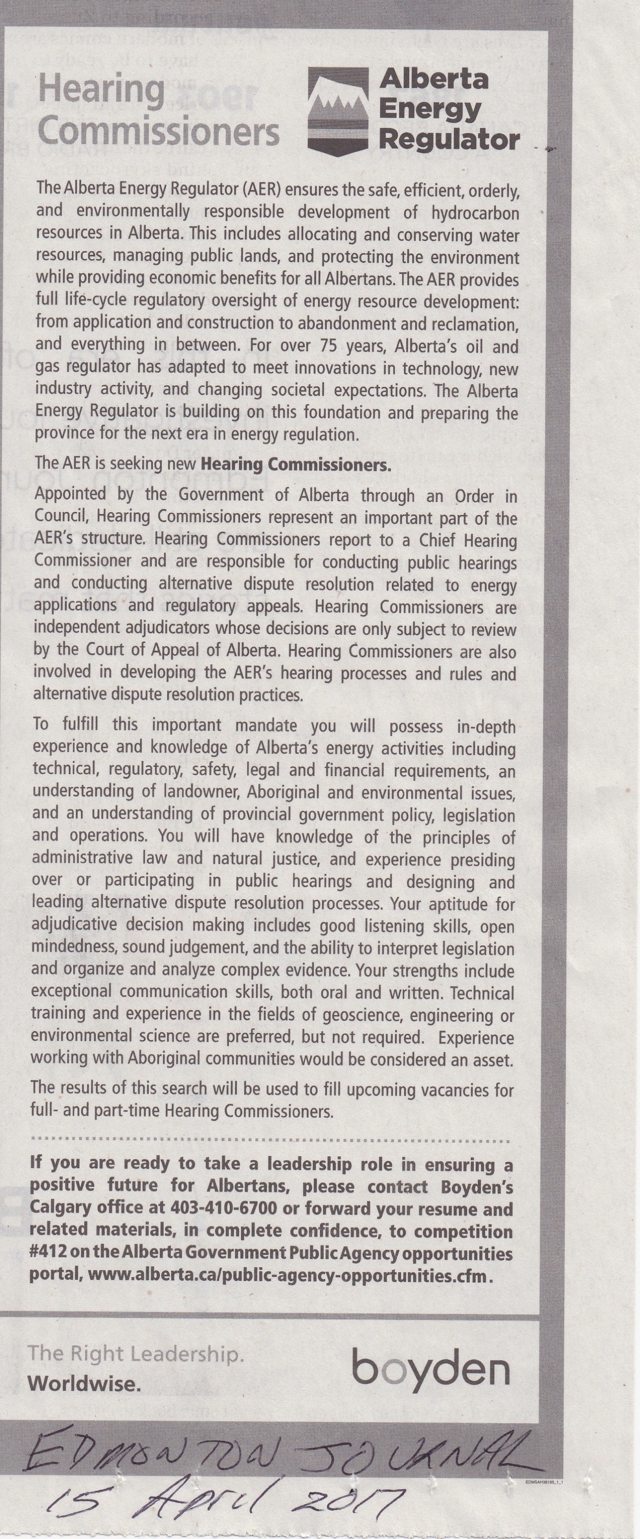 Advertisement-Hearing Commisioners Alberta Energy Regulator15-4-17 EJ